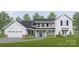 Two-story farmhouse with white and beige siding, a large garage, and landscaping at Lot #6A Otis Crosby Rd, York, SC 29745