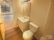 Well-lit bathroom with vanity, toilet, and hardwood floor at 310 Ann Baker Ct, Charlotte, NC 28217