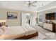 Virtually staged main bedroom with a TV and access to a sunroom at 8200 Suttonview Dr, Charlotte, NC 28269