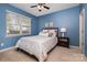 This bedroom features blue walls, a ceiling fan, a window with blinds, and a cozy bed with decorative pillows at 10149 Elizabeth Crest Ln, Charlotte, NC 28277