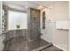 Luxurious frameless shower with rainfall showerhead and black tile at 10149 Elizabeth Crest Ln, Charlotte, NC 28277