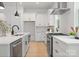 Modern kitchen featuring white cabinetry, stainless steel appliances, and an eat in bar at 1912 St John St, Charlotte, NC 28216