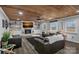 Cozy living room featuring a wood plank ceiling, fireplace, and comfortable leather furniture at 4747 Kenneths Dr, Maiden, NC 28650