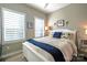 Bedroom with white bed frame and blue accents, plantation shutters at 824 Broad River Ln, Charlotte, NC 28211