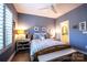 Comfortable bedroom with light blue walls and a wooden bed frame at 824 Broad River Ln, Charlotte, NC 28211