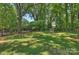 Large backyard with trampoline, hockey net, and mature trees providing shade at 4311 Craig Ave, Charlotte, NC 28211