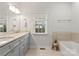 Bright bathroom showcasing double vanity with light gray cabinets, window, and tile flooring at 212 Bacon Ave, Charlotte, NC 28208