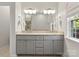 Bright bathroom featuring double vanity with light gray cabinets and granite countertop at 212 Bacon Ave, Charlotte, NC 28208