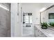 Elegant bathroom with marble shower, double vanity, and a view of the bedroom at 4784 Formation Ct # 066, Lancaster, SC 29720