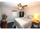 Cozy bedroom featuring dark hardwood floors and a ceiling fan at 4923 Park Rd # D, Charlotte, NC 28209