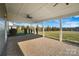 Spacious covered patio with brick pavers and a ceiling fan, overlooking the backyard at 501 Alucio Ct, Matthews, NC 28104