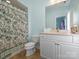 Bathroom with floral shower curtain and white vanity at 6819 Conservatory Ln, Charlotte, NC 28210