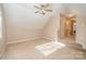 Bedroom with vaulted ceiling, carpet, and ceiling fan at 11805 Prestmoor Ct, Charlotte, NC 28262