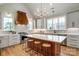 Well-lit kitchen with island, breakfast bar, modern vent hood, white cabinets, and stainless steel appliances at 3428 Greene Rd, Monroe, NC 28110