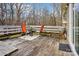 Outdoor deck featuring a table with two orange chairs and bench seating with wooded view at 1025 Twin Lakes Rd, Rock Hill, SC 29732