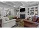 Elegant living room with coffered ceiling, fireplace, and built-in bookshelves at 110 Lynbrook Dr, Davidson, NC 28036