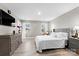 Bright bedroom with gray walls, hardwood floors, decorative furnishings, and a TV on the wall at 5025 Macvittie Ln, Charlotte, NC 28214