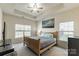 This bedroom boasts a tray ceiling, natural light, and a calming, neutral color scheme at 5826 Castlecove Rd, Charlotte, NC 28273