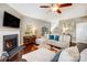 Cozy living room featuring hardwood floors, a fireplace, and comfortable seating with stylish decor at 5806 Glassport Ln, Charlotte, NC 28210