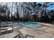 Outdoor community pool area with lounge chairs and mature trees, and black metal fencing at 2501 Roswell Ave # 303, Charlotte, NC 28209