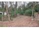 View of a wooded backyard with a storage building, and a bird bath at 2905 Maryland Ave, Kannapolis, NC 28083