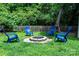 Outdoor fire pit area surrounded by four blue Adirondack chairs and green grass in a large backyard at 3531 Enfield Rd, Charlotte, NC 28205
