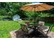 Backyard patio with a seating area under an umbrella, a lush green lawn, garden beds, and a storage shed at 3531 Enfield Rd, Charlotte, NC 28205