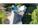 Expansive aerial view showcases a stunning backyard with a pool, spa, guest house, lush landscaping, and verdant gardens at 2270 New Gray Rock Rd, Fort Mill, SC 29708