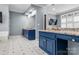 Double vanity bathroom with blue cabinets and granite at 308 41St Avenue Nw Pl, Hickory, NC 28601