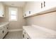 The laundry room features lots of white cabinets and folding countertop at 6098 Ballard Rd, Denver, NC 28037