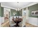 Formal dining room with a round table, four chairs, and green walls with white wainscoting at 821 Bethesda Rd, Statesville, NC 28677