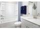 Clean bathroom with tub, shower, and vanity at 1112 Keydet Dr, Charlotte, NC 28216