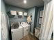 Convenient laundry room with washer, dryer, and shelving at 272 Laura Elizabeth Ln, Clover, SC 29710