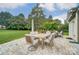 Stone patio with an outdoor dining table and chair set, with a view of the expansive backyard at 712 Springwood Dr, Waxhaw, NC 28173