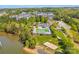 Aerial view showcases community amenities with a pool, clubhouse, and waterfront access at 1077 Gauguin Ln, Tega Cay, SC 29708
