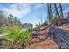Landscaped backyard includes a fire pit and steps down to the lake with mature trees and lush vegetation at 1077 Gauguin Ln, Tega Cay, SC 29708