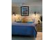 Vibrant bedroom featuring a bright blue bedspread, decorative pillows, and overhead accent lighting at 3474 Lake Wylie Dr, Rock Hill, SC 29732