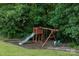 A backyard wooden playset features a slide and two swings under the shady trees at 4816 Zion Church Rd, Concord, NC 28025