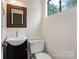 Powder room featuring a modern vanity and mirror, toilet, and window with natural light at 5929 Quail Hollow Rd # B, Charlotte, NC 28210