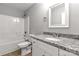 Well-lit bathroom featuring a granite-topped vanity, framed mirror, and a shower-tub combination at 1345 Mack Dr, McConnells, SC 29726