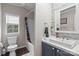 Bathroom with updated vanity and tub shower combo at 15918 Big Bear Rd, Albemarle, NC 28001