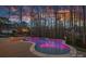 An in-ground pool with spa is lit up beautifully with a sunset sky above the bare trees at 162 Wild Harbor Rd, Mooresville, NC 28117