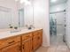 Clean bathroom featuring a marble countertop, wooden cabinets, and a shower with floral curtains at 3867 Azalea Trl, Denver, NC 28037