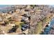 Lakefront property aerial view, highlighting mature trees, and lush landscaping on a sunny day at 3995 Burton Ln, Denver, NC 28037