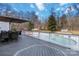 A wooden deck with furniture overlooking a private pool and backyard at 4001 Carmel Acres Dr, Charlotte, NC 28226