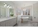 Luxurious bathroom with a freestanding tub, double vanity, and abundant natural light at 4004 Blossom Hill Dr, Matthews, NC 28104