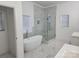 Bright bathroom featuring a freestanding tub, glass shower, and marble-look tile flooring at 2510 Lentz Rd, China Grove, NC 28023
