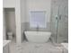Bright bathroom featuring a freestanding tub, glass shower, and marble-look tile flooring at 2510 Lentz Rd, China Grove, NC 28023