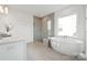 Luxurious bathroom featuring a soaking tub, glass-enclosed shower, and sleek modern fixtures at 7120 Wayfarer Dr # 0079, Charlotte, NC 28269