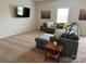 Living room with gray sectional sofa, carpet, and two wall art pieces at 1112 Culver Spring Way, Charlotte, NC 28215